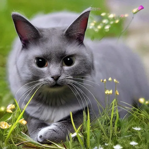 Image similar to cat morphed with a bunny, hybrid animal,