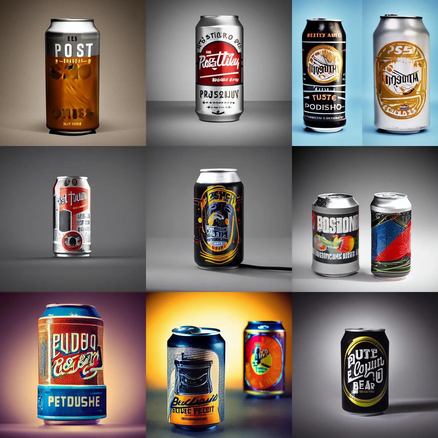 Prompt: postmodern ironic beer can design, product photography, studio lighting