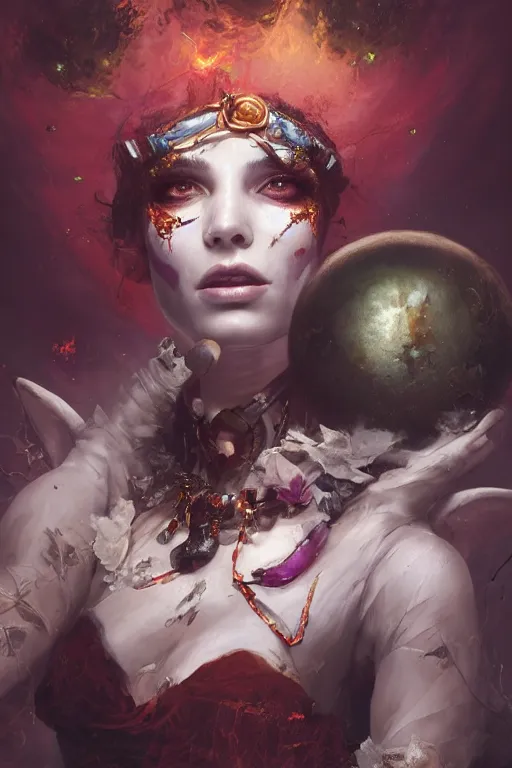 Prompt: face closeup of beautiful girl necromancer, witch - doctor covered with velvet exploding into organic velvet, angels, 3 d render, hyper realistic detailed portrait, holding magic ball, ruan jia, wlop. scifi, fantasy, hyper detailed, octane render, concept art, peter mohrbacher