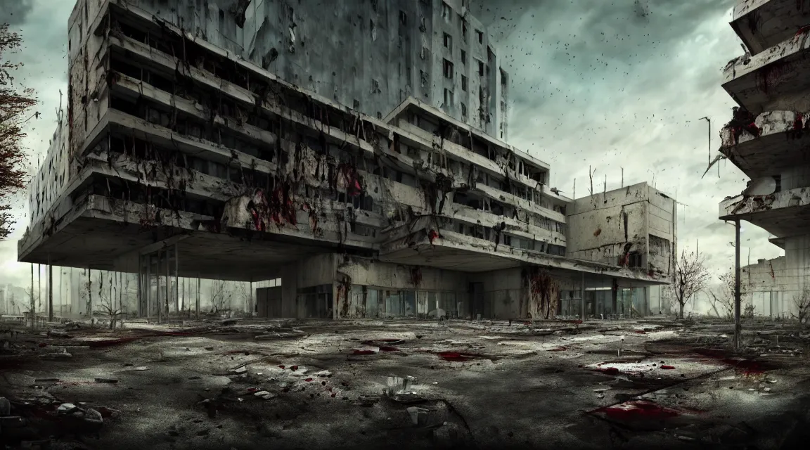 Image similar to post apocalyptic hospital building, people fighting, morning, building, avenue, modern contemporary urban americana concrete architecture, by pascal blanche, neil blevins, apocalyptic color palette, trending on artstation, photorealistic, wilderness ambiance, ultra detailed, high definition, depth of field, bokeh, rubble, wild vegetation, blood stains, building crumbling