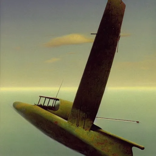 Prompt: a combat airskiff by Zdzisław Beksiński, oil on canvas