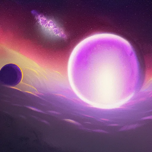 Image similar to a detailed digital painting of a marble - like planet orbiting a large purple sun in space in a sea of stars, by alena aenami, petros afshar and greg rutkowski trending on artstation, deviantart, planet, clouds, earth, exoplanet, stars, nubulae