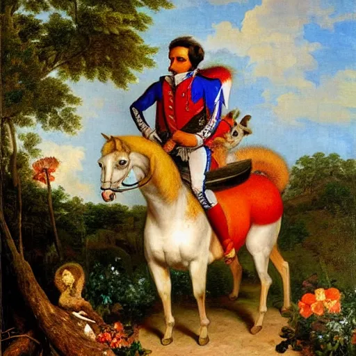 Prompt: a giant squirrel!!!! carrying napoleon bonaparte on its back, beach scene with flowers and foliage, detailed oil painting