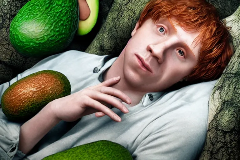 Prompt: an ultra realistic, cinematic, headshot portrait, of ron weasley lying down with an avocado, fantasy, avocado, facial features, background of hogwarts, with trees and rivers, detailed, deep focus, movie still, dramatic lighting, ray tracing, by michal karcz and yoshitaka amano