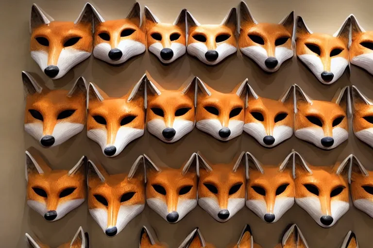 Prompt: Ceramic fox masks hanging in a museum