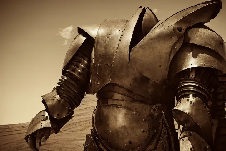 Image similar to photograph of a man in a very oversized mech armor that is 3 0 feet tall and 1 0 feet wide. his head is very small sticking out of the armor. desert setting. high detail.