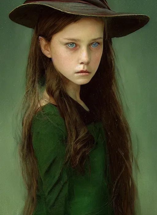 Image similar to a portrait of a thirteen year old girl with brown hair and a stern expression. she is wearing a green dress and a black pointed witch hat. beautiful painting with highly detailed face by greg rutkowski and raymond swanland