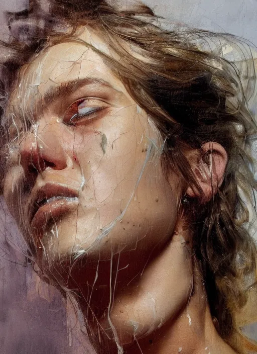 Image similar to high quality high detail painting by jenny saville, hd, a skinny beautiful androgenous person, hair in wind, photorealistic lighting