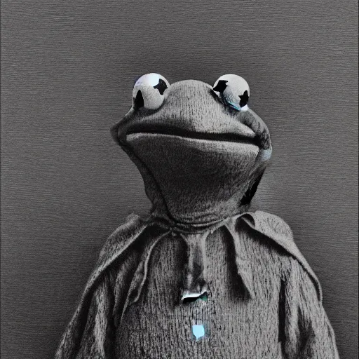 Image similar to Kermit the Frog from Sesame Street by Gustave Dore, full body grayscale drawing