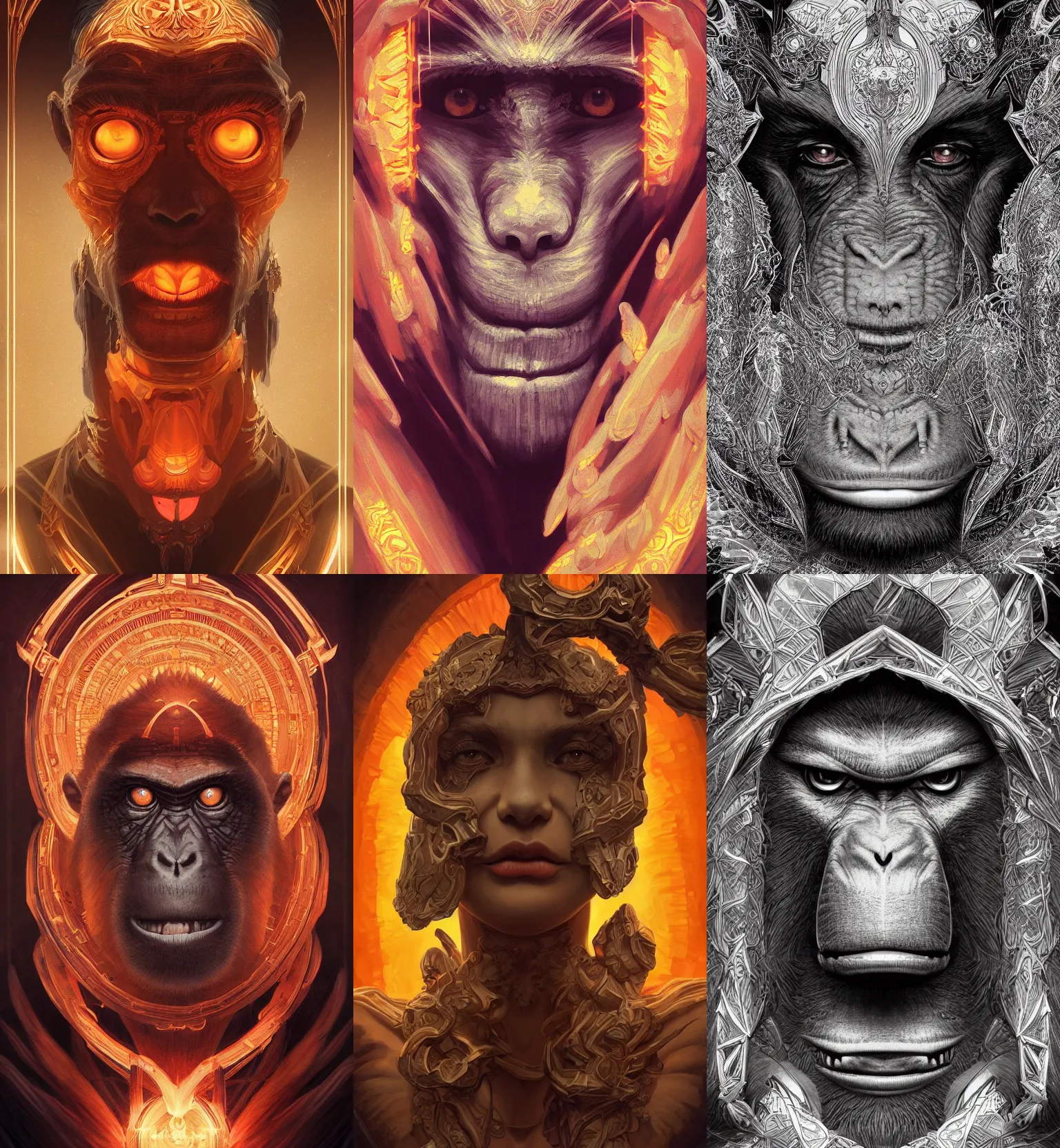 Prompt: symmetry!! portrait of monkey! monolith in the style of artstation, fire, hell fire, intricate, elegant, highly detailed, digital painting, artstation, concept art, smooth, sharp focus, illustration, art by artgerm and ross tran and greg rutkowski and alphonse mucha, 8 k