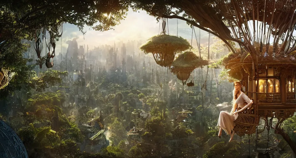 Prompt: An incredibly beautiful shot from a 2022 fantasy film featuring a character sitting in a cozy art nouveau reading nook inside a fantasy treehouse city with suspended walkways and distant treehouses. 8K UHD.