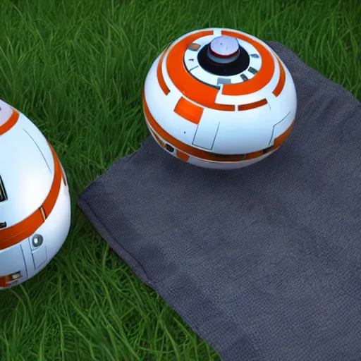 Image similar to bb 8 and hal 9 0 0 0 having a picnic, octane render, unreal engine, 8 k, hyperrealistic, photorealism
