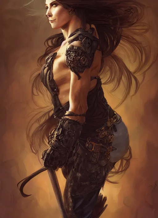 Prompt: portrait of a ruggedly handsome female witch, soft hair, muscular, half body, leather, d & d, fantasy, intricate, elegant, highly detailed, digital painting, artstation, concept art, smooth, sharp focus, illustration, art by artgerm and greg rutkowski and alphonse mucha