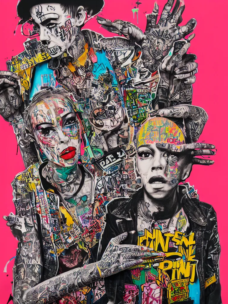 Prompt: a multilayered mixed media street art on paper bursting with nostalgic pop culture and hip - hop references, punk and graffiti symbols and tattoo designs, sharp details and in focus, high resolution, flat evenly lit background, art by stikki peaches, 8 k