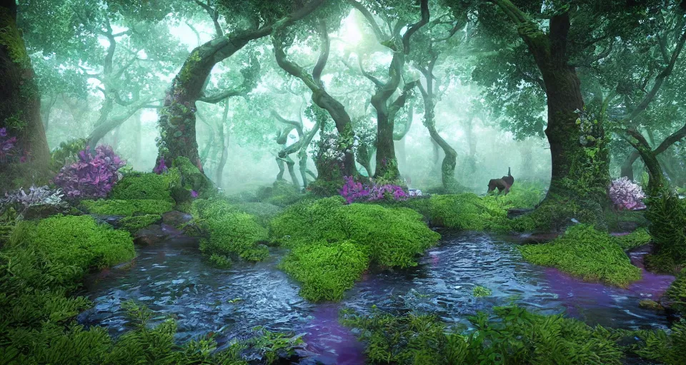Prompt: Enchanted and magic forest, with 3D render