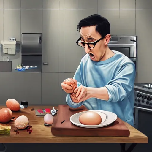 Image similar to Filthy Frank making eggs while screaming at the camera in his kitchen, fisheye lens, above angle, 8k resolution, realistic, hyperrealistic, detailed, very detailed, HD quality, digital art, trending on artstation