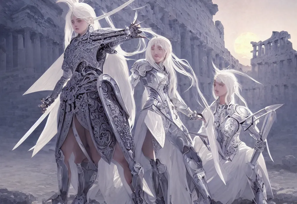 Image similar to white hair knights of zodiac girl wearing matt white ice color armor, kenjutsu dueling in ruined agora of athens sunrise, ssci - fi and fantasy, intricate and very beautiful and elegant, highly detailed, digital painting, artstation, concept art, smooth and sharp focus, illustration, art by tian zi and wlop and alphonse mucha