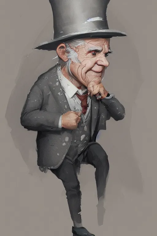 Prompt: a grey hair ageing halfling short with stubble top hat and suit by Greg Rutkowski, painting, HD, high details, trending on artstation