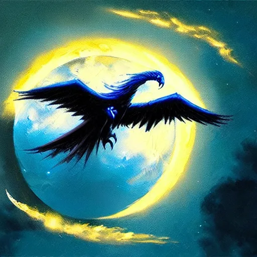 Prompt: blue phoenix flying in front of the moon, glowing light, fire, oil painting by greg rutkowski, 8 k