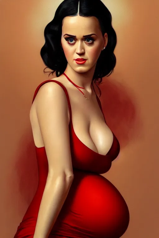 Image similar to pregnant katy perry in a red dress, realistic portrait, symmetrical, highly detailed, digital painting, artstation, concept art, smooth, sharp focus, illustration, cinematic lighting, art by artgerm and greg rutkowski and alphonse mucha