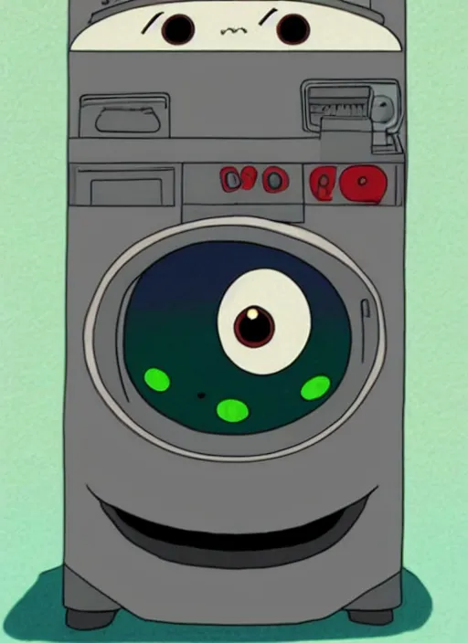 Image similar to a washing machine by studio ghibli, googly eyes, cute, anime : : artstyle of spirited away