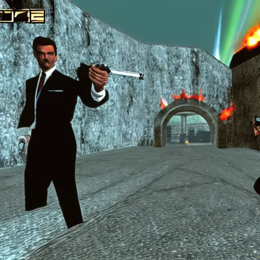 Prompt: goldeneye 0 0 7 n 6 4 multiplayer all bonds mode 4 player deathmatch split screen screenshot with sean connery, roger moore, timothy dalton, and pierce brosnan