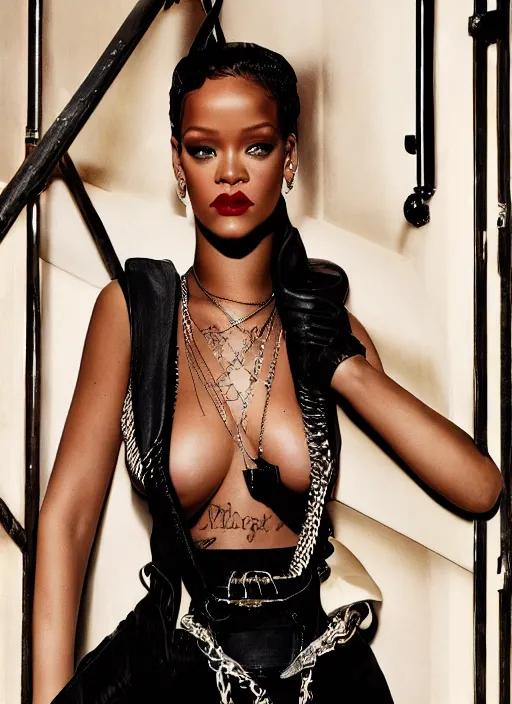 Image similar to rihanna styled by nick knight posing in an expensive mansion setting, vogue magazine, highly realistic. high resolution. highly detailed. dramatic. 8 k. 4 k.