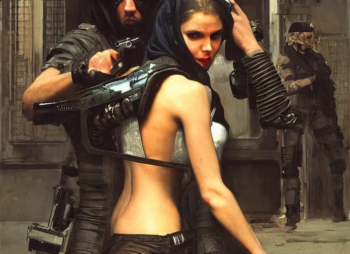 Image similar to sophia evades sgt Griggs. Cyberpunk hacker wearing jumpsuit escaping Cyberpunk police troopers (police state, Cyberpunk 2077, blade runner 2049). Iranian orientalist portrait by john william waterhouse and Edwin Longsden Long and Theodore Ralli and Nasreddine Dinet, oil on canvas. Cinematic, hyper realistic, Dramatic lighting.