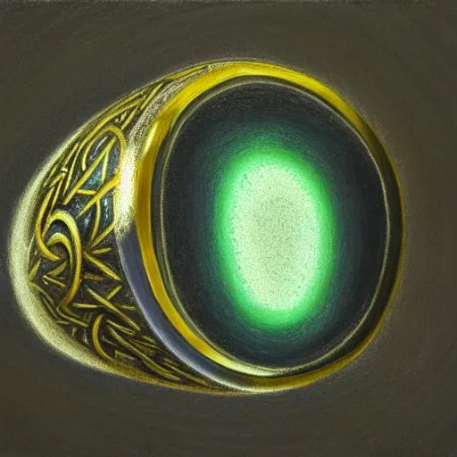Prompt: a detailed hyperrealistic oil pastel of an ancient chromed artifact in the shape of a ring, ornate with strange light radiating from it, the artifact lays on top of a marbled pedestal in a dark library, moody misty fantasy retrofuturistic art, 3 d raytraced masterpiece, by rembrandt