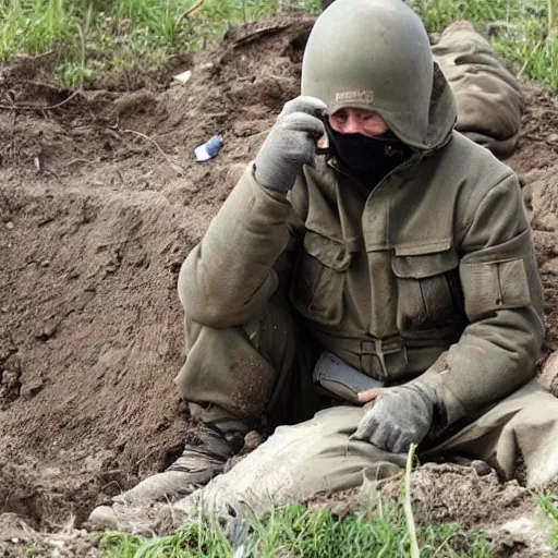 Prompt: Putin is sitting in a trench somewhere in Ukraine.