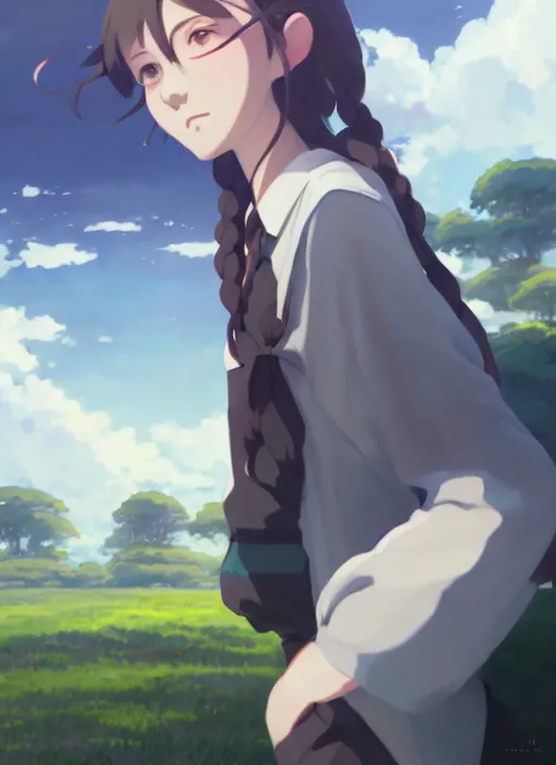Image similar to portrait of emma stonel, cloudy sky background lush landscape illustration concept art anime key visual trending pixiv fanbox by wlop and greg rutkowski and makoto shinkai and studio ghibli