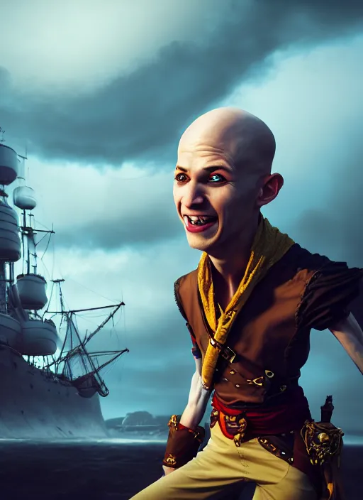 Prompt: An epic fantasy comic book style portrait painting of a skinny white bald sky-pirate with a goofy expression sitting in front of a ship's cannon, unreal 5, DAZ, hyperrealistic, octane render, cosplay, RPG portrait, dynamic lighting