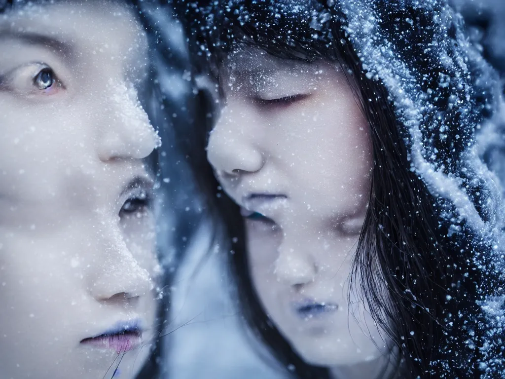 Prompt: the piercing stare of yuki onna, snowstorm, blizzard, mountain snow, canon eos r 6, bokeh, outline glow, asymmetric beauty, blue skin