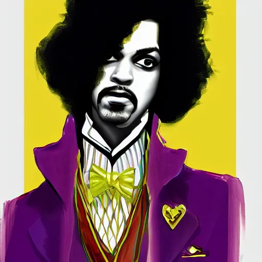 Prompt: a messy painting of Prince as a 70s pimp. Trending on ArtStation