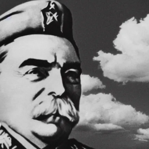 Image similar to Joseph Stalin in heaven meeting god, photography, clouds, beautiful,