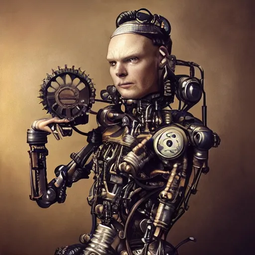 Image similar to a beautiful intricate fine art portrait photo of a a mechanical industrial steampunk cybernetic Bill Burr, by tom bagshaw and zach sutton, perfection!, milk bath photography, studio lighting, 35mm lens, very detailed, bionic, cybernetic scifi, deep depth of field, artstation, 8K, highly coherent