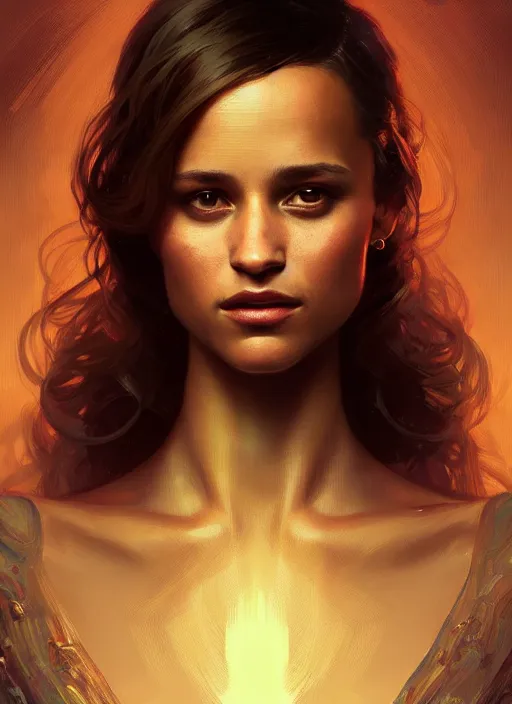 Image similar to portrait of alicia vikander, intricate, elegant, glowing lights, highly detailed, digital painting, artstation, glamor pose, concept art, smooth, sharp focus, illustration, art by wlop, alphonse mucha and craig mullins