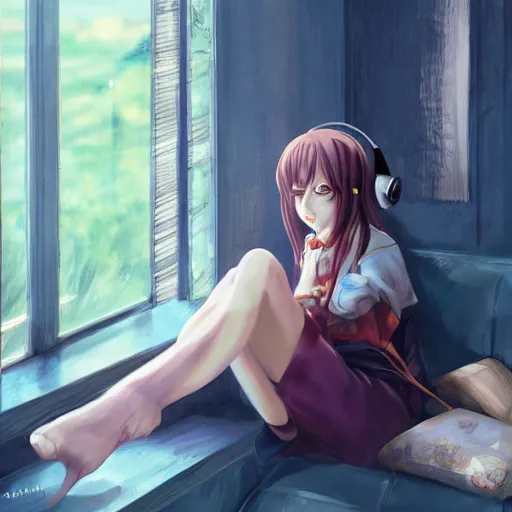 Prompt: anime beautiful girl sits on the sofa and listens to music, the sun shines through the window, clear face, beautiful body, dream light, focus on the face, highly detailed, 8 k, pixiv, concept art, in style of kyoto animation, by cushart krenz