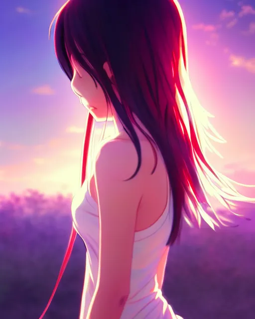 Image similar to anime style, vivid, expressive, full body, 4 k, painting, a cute girl with white skin and a long wavy hair humming a song, stunning, realistic light and shadow effects, centered, simple background, studio ghibly makoto shinkai yuji yamaguchi