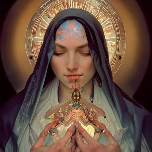 Prompt: Virgin Mary, facial tattoos, artists portrait, biomechanical, heaven, fantasy, highly detailed, digital painting, concept art, sharp focus, depth of field blur, illustration, art by artgerm and greg rutkowski and alphonse mucha