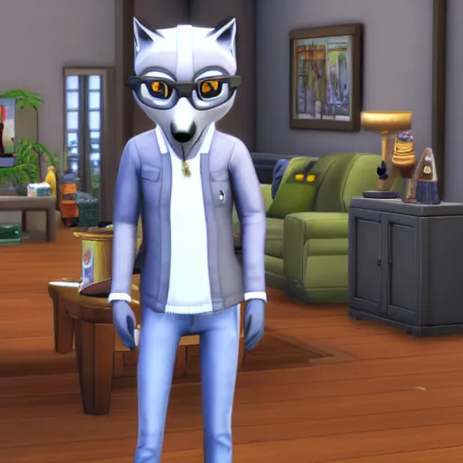 Prompt: anthropomorphic grey fox dressed in casual clothing, character in The Sims 4, indoors, in game screenshot