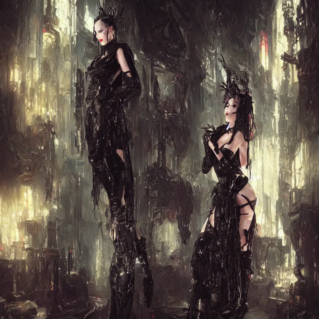 Image similar to fashionable gothic domme mistress, portrait, latex, cyberpunk altar, spikes by greg rutkowski, by yoshitaka amano, super - detail