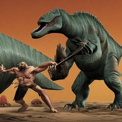 Image similar to A large dinosaur! fighting with several realistic detailed cavemen with proportioned bodies, next to the dinosaur are cavemen, the cavemen are armed with spears, the caveman are in a fighting stance, the cavemen are wearing animal furs, one caveman is stabbing the dinosaur with his spear, one caveman is cowering in fear, coarse canvas, visible brushstrokes, intricate, extremely detailed painting by William Turner (and by Greg Rutkowski)