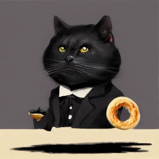 Image similar to a black fat cat on a tuxedo holding a bagel!, trade offer meme, art by greg rutkowski