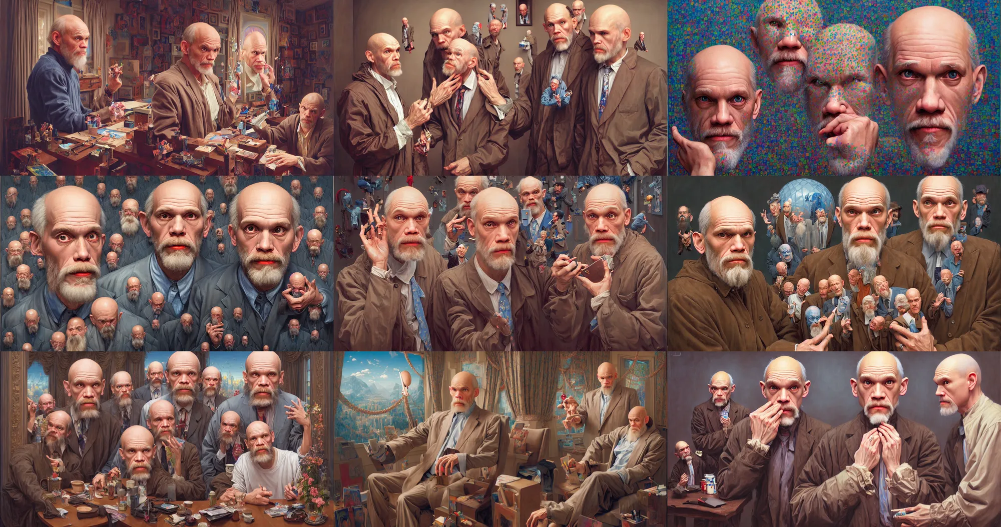 Prompt: recursive john malkovich being john malkovich being john malkovich being john malkovich being john malkovich being john malkovich being john malkovich, absurd painting by james jean and thomas kinkade