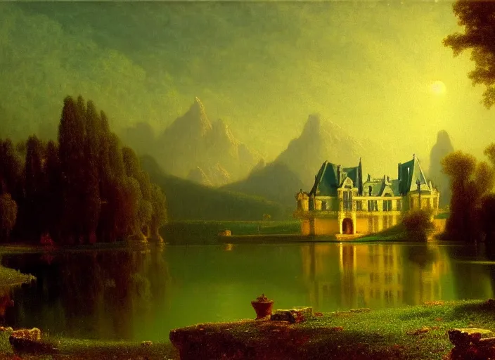 Image similar to beautiful illustration of chateau in a serene landscape, by albert bierstadt, magic realism, narrative realism, beautiful matte painting, heavenly lighting, retrowave, 4 k hd wallpaper h 7 2 0