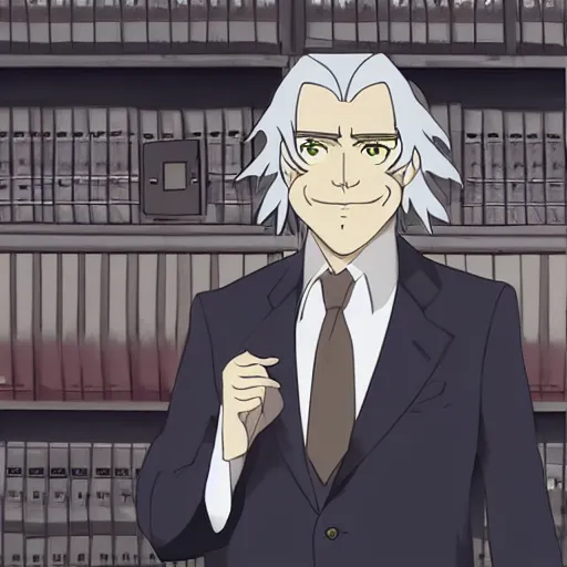 Prompt: an evil corporation ceo with gray long hair and a smirk, by ghibli