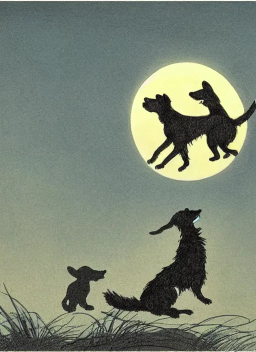 Image similar to dog silhouette howling at the moon, illustrated by peggy fortnum and beatrix potter