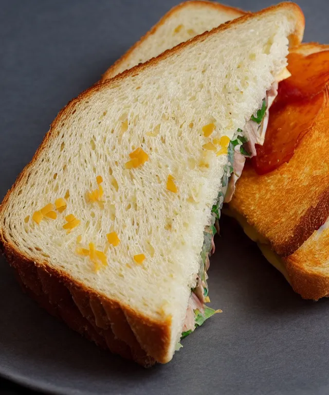 Image similar to high quality presentation photo of a ham & cheese sandwich, photography 4k f1.8 anamorphic bokeh 4k Canon Nikon