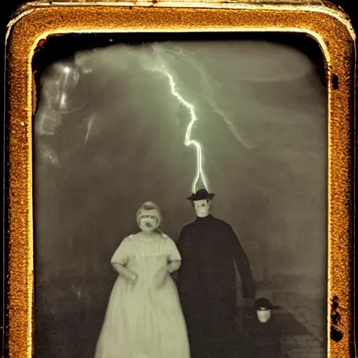 Image similar to spirit photography with glowing bulbous ectoplasm, scary shadow people, couple mourning, sleep paralysis demon, plasma lightning bolts, 1 9 0 0 s, slimer, summoning tall horned demon, mourning family, invoke fear and dread, old photograph, daguerreotype